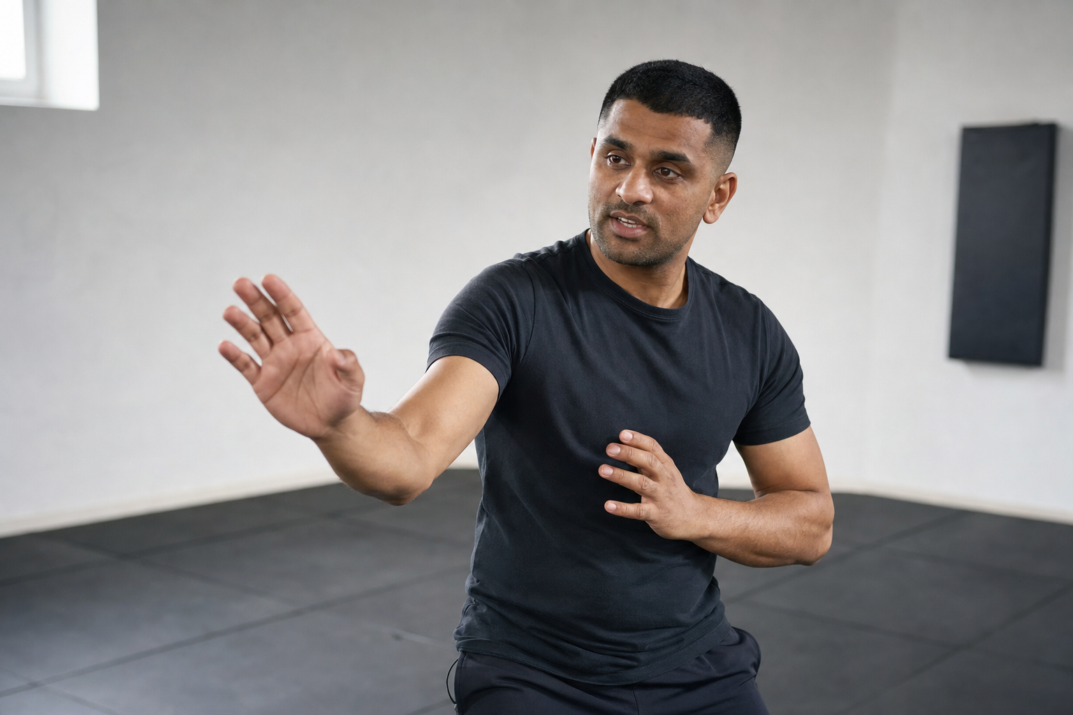 Man in a black T-shirt demonstrating a defensive martial arts stance in a studio.