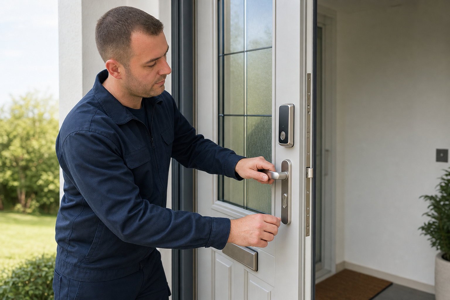 A man in a blue uniform installs a smart door lock on a modern white door.