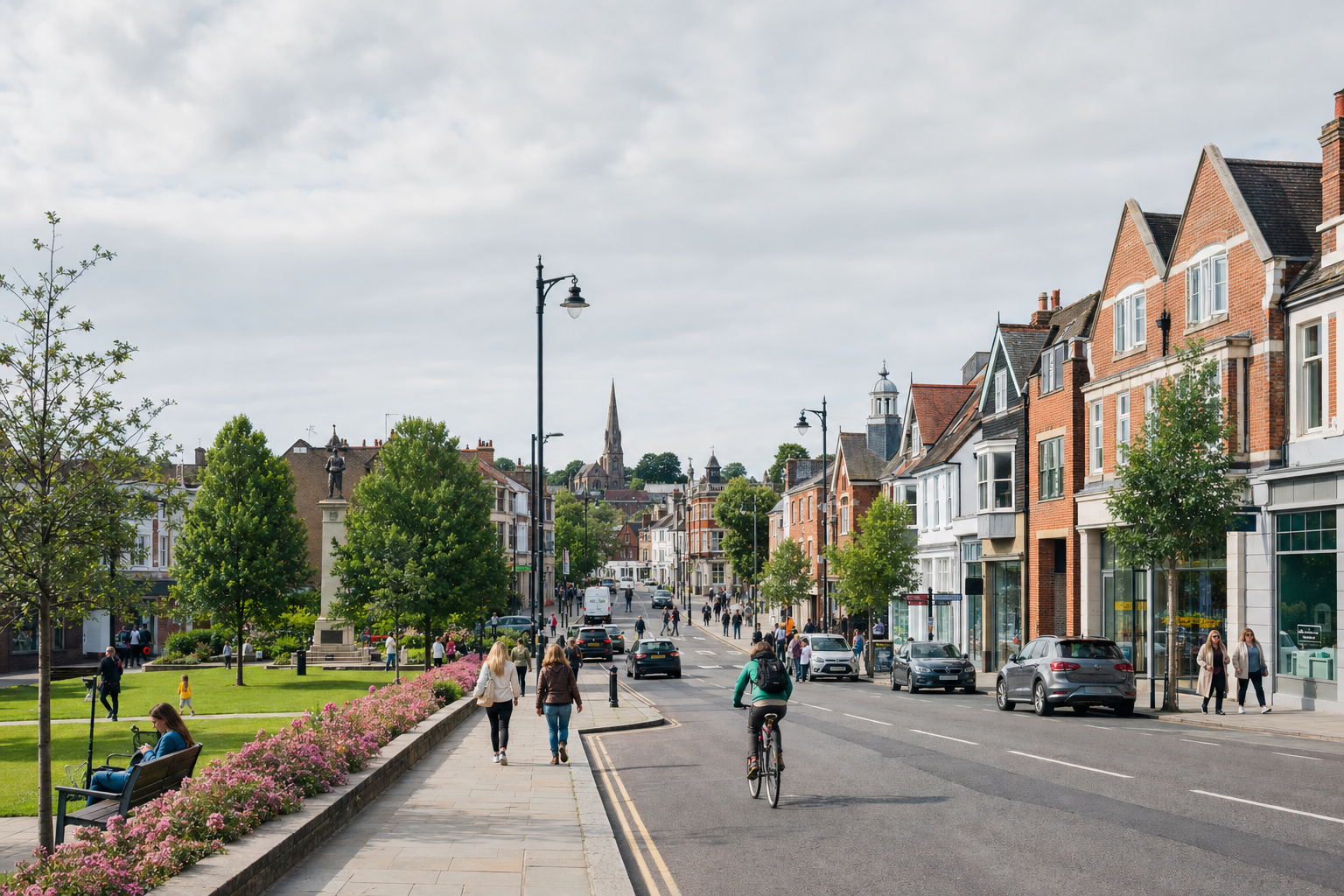 High street scene with pedestrians and a cyclist, lined with brick buildings and trees, under a cloudy sky.