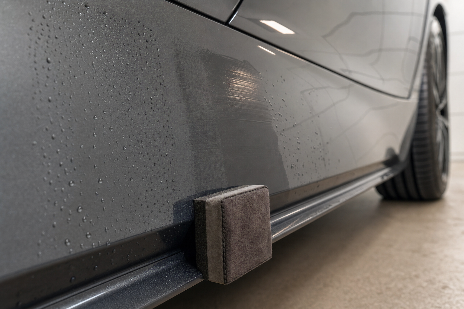 A grey car door with a patch of water drops next to a square cleaning pad on the lower panel.