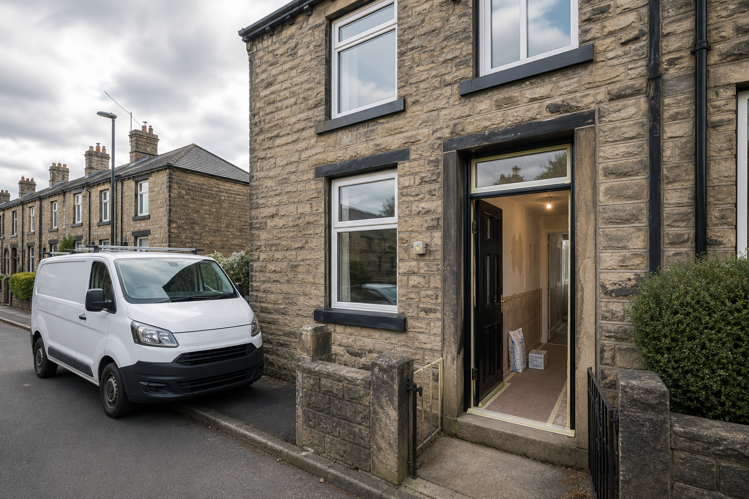A white van parked by a stone terraced house with an open front door revealing an interior hallway.