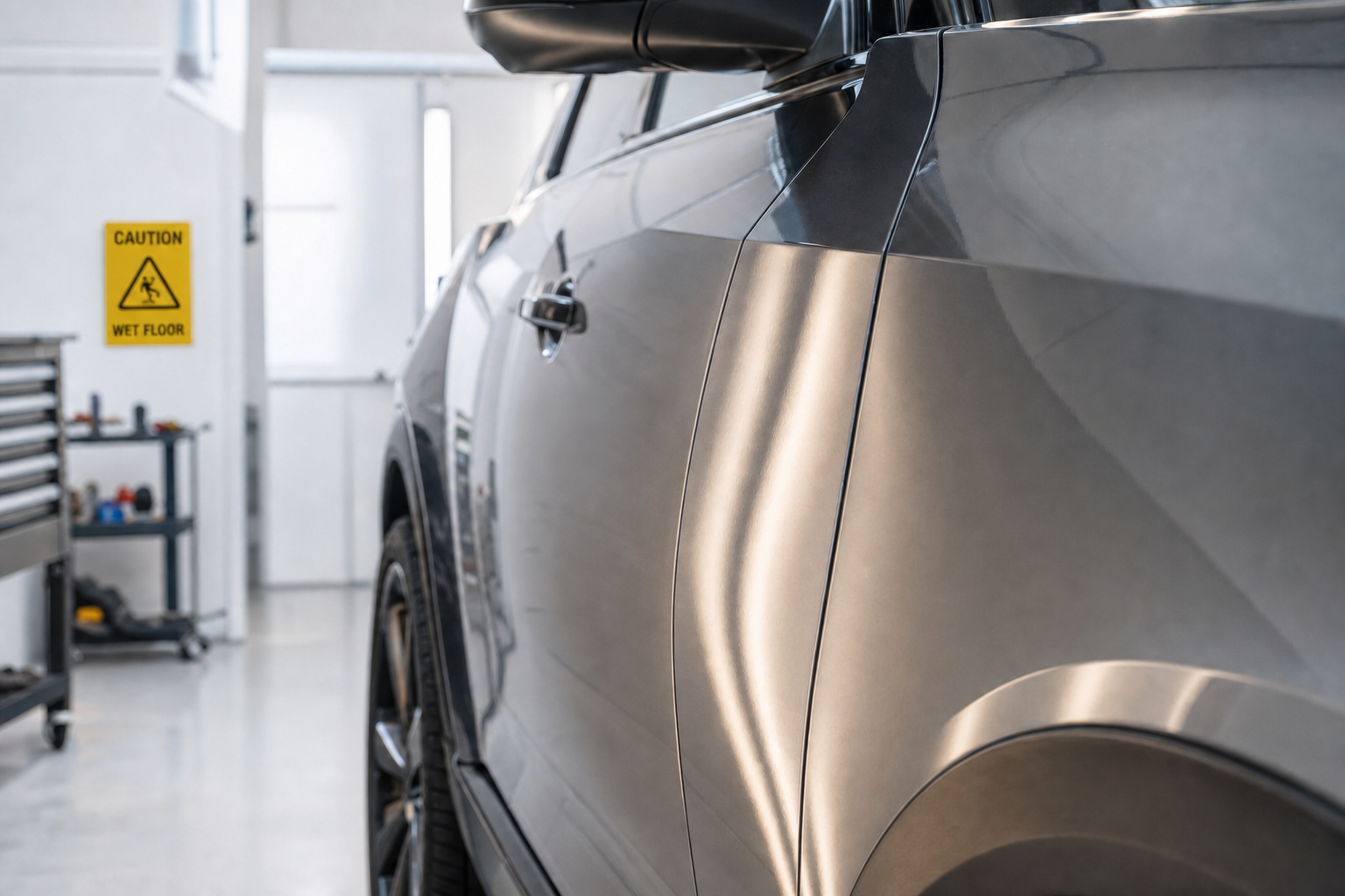 A sleek car in a garage with a wet floor caution sign in the background.