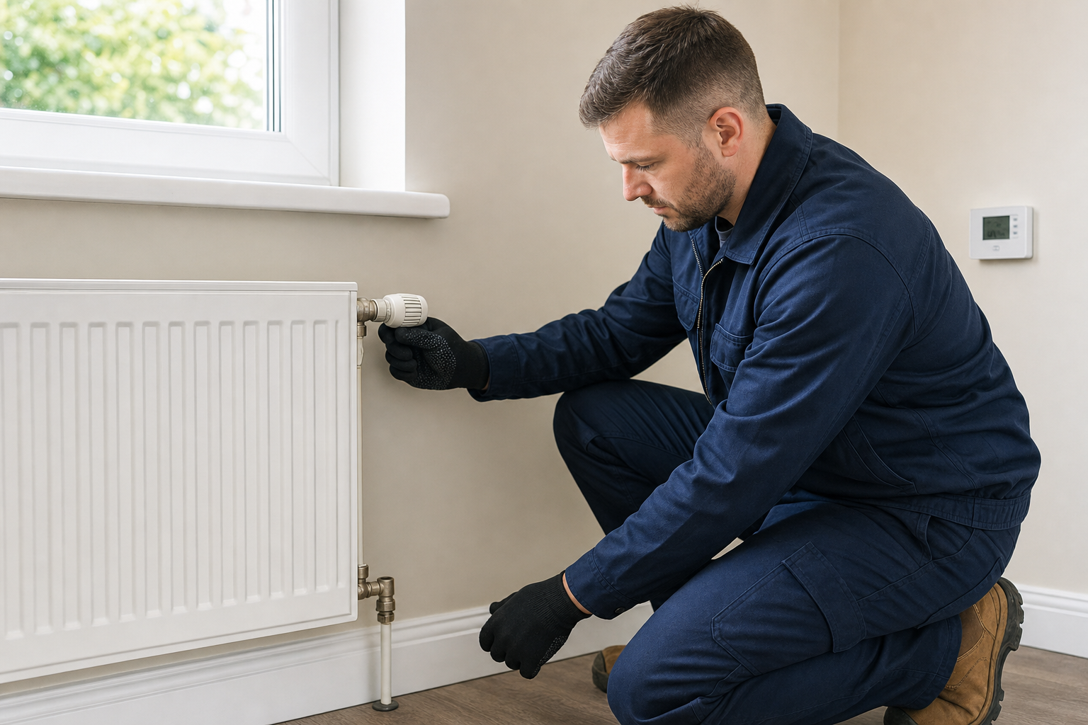 A man in a blue uniform adjusts a radiator valve in a room with a window and thermostat.