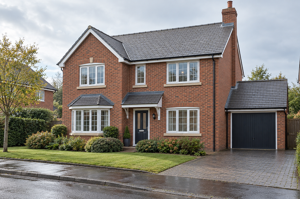 A modern two-storey brick house with a slate roof and a neatly manicured lawn on a cloudy day.