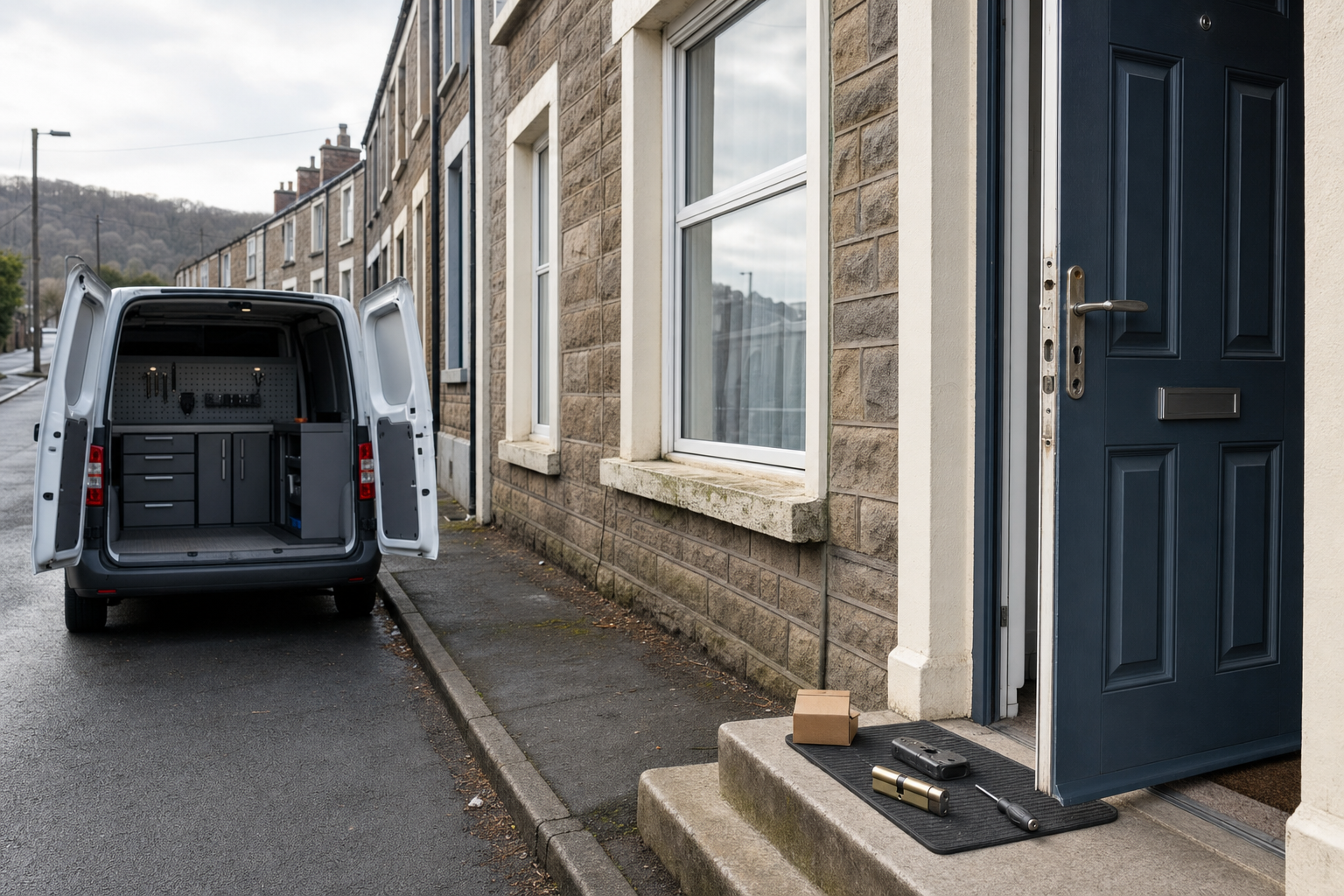 A van with its doors open is parked on a residential street, and tools are laid out on a doormat by a house door.
