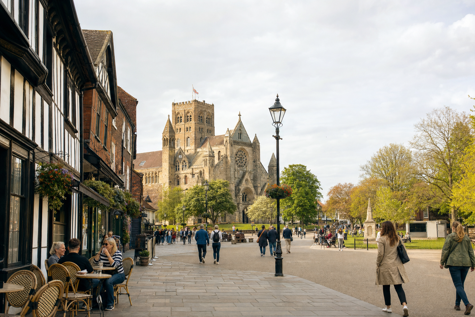 People stroll near a historic cathedral with a café and timbered houses lining the street.