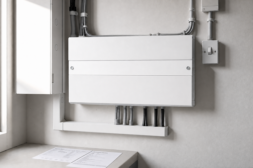 A white electrical junction box with visible cables and a fuse switch on a wall, next to a table with documents.