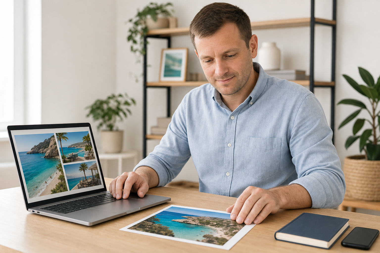 Man reviews coastal photographs on his laptop and print at a desk, surrounded by plants and bookshelves.