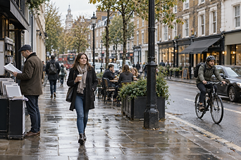 Woman walking with a coffee on a wet London street, passing a cyclist and outdoor café seating.