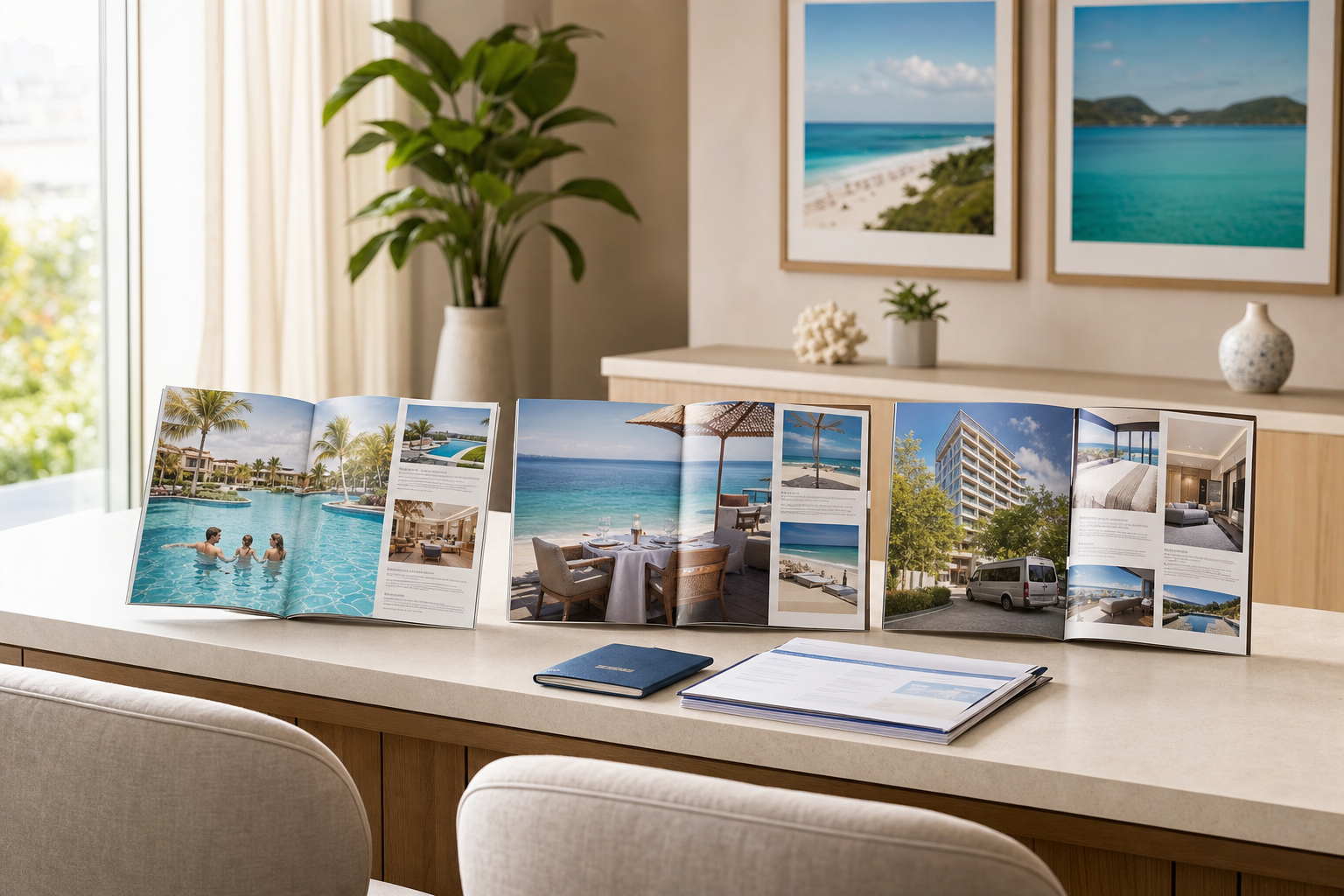 Open resort catalogue on a desk with plush chairs, framed beach photos, and plants in the background.