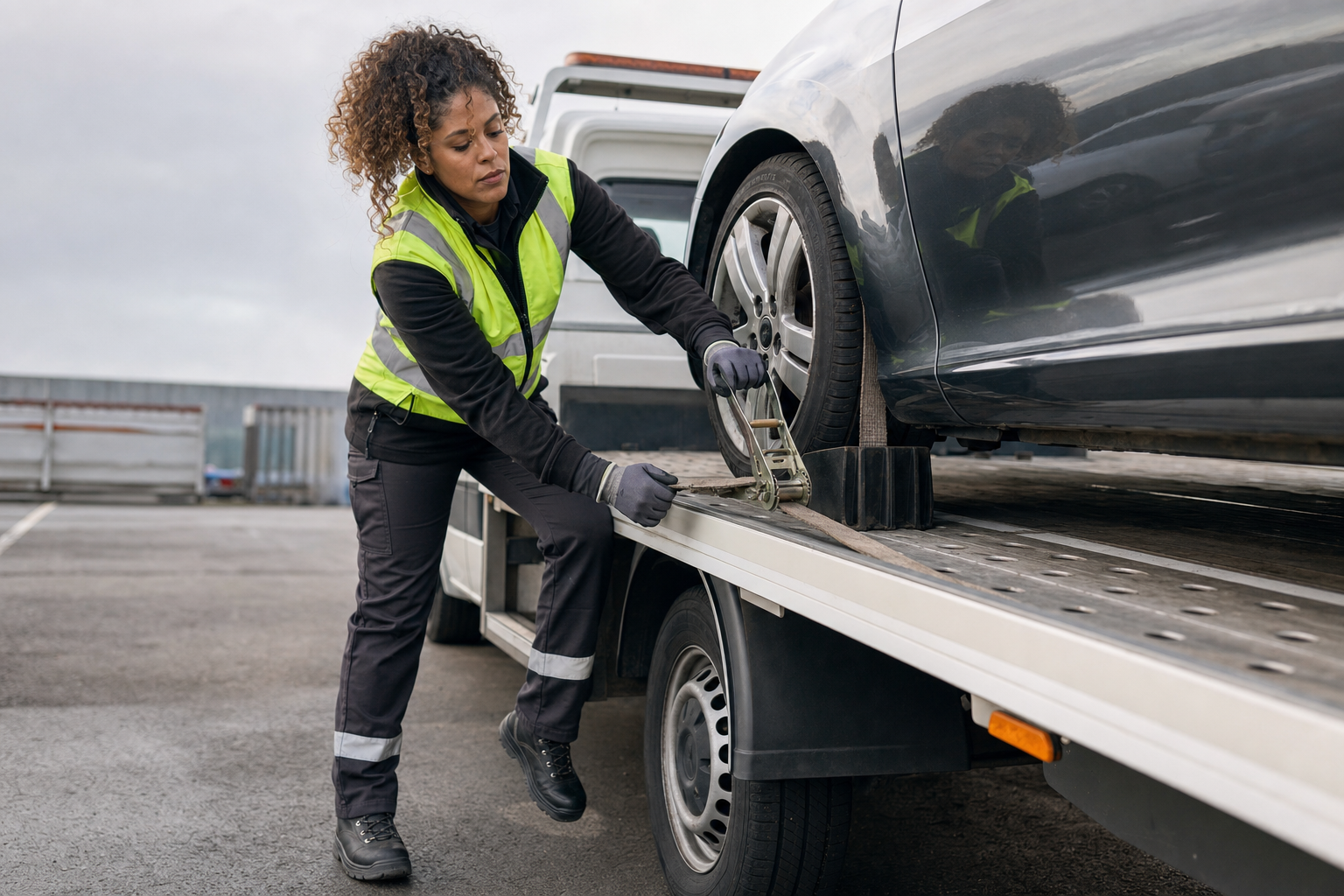A woman in a high-visibility vest secures a car wheel onto a tow truck with a strap mechanism.
