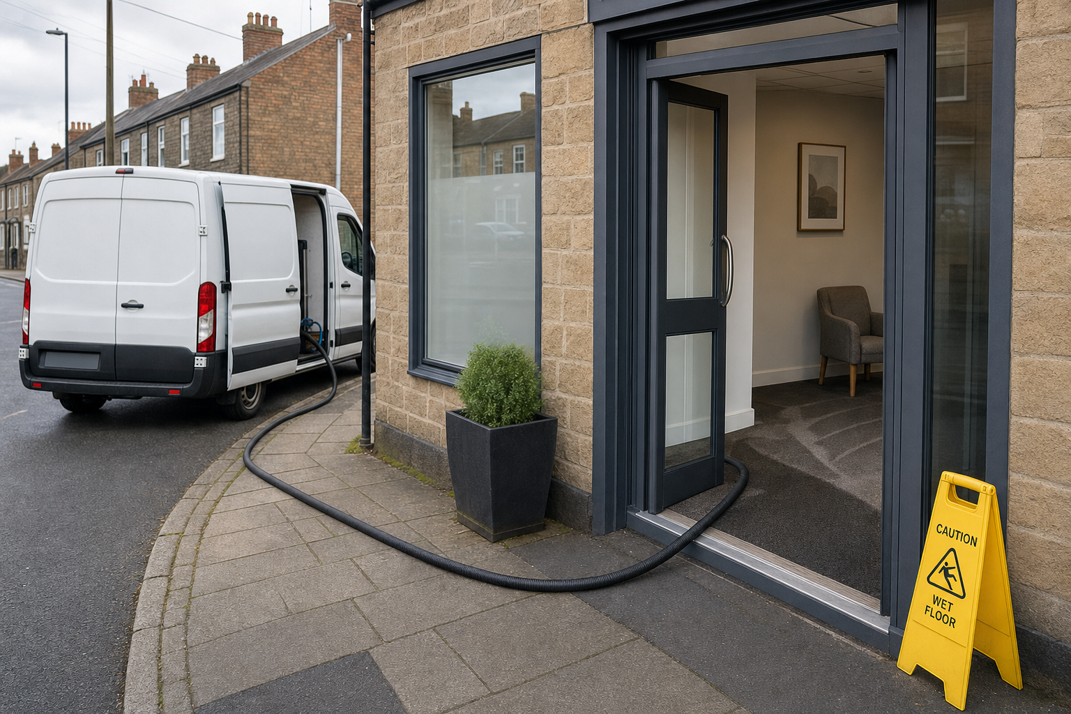 A white van with a hose is connected to a building, where a caution wet floor sign is displayed by the entrance.