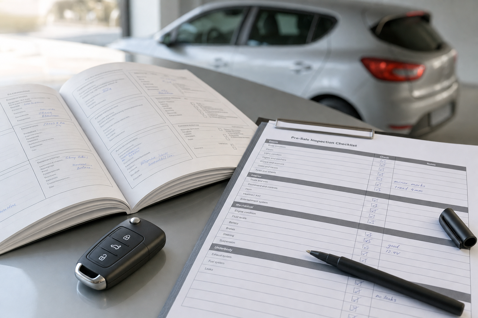 Car key and inspection documents on a table beside a silver car.