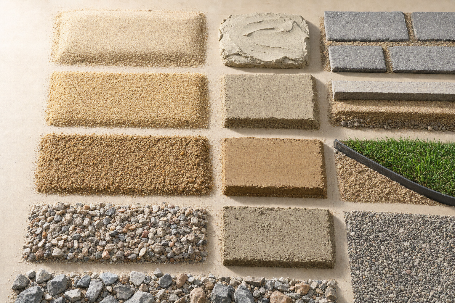 A grid of different construction materials, including gravel, sand, concrete, and turf, displayed on a neutral surface.