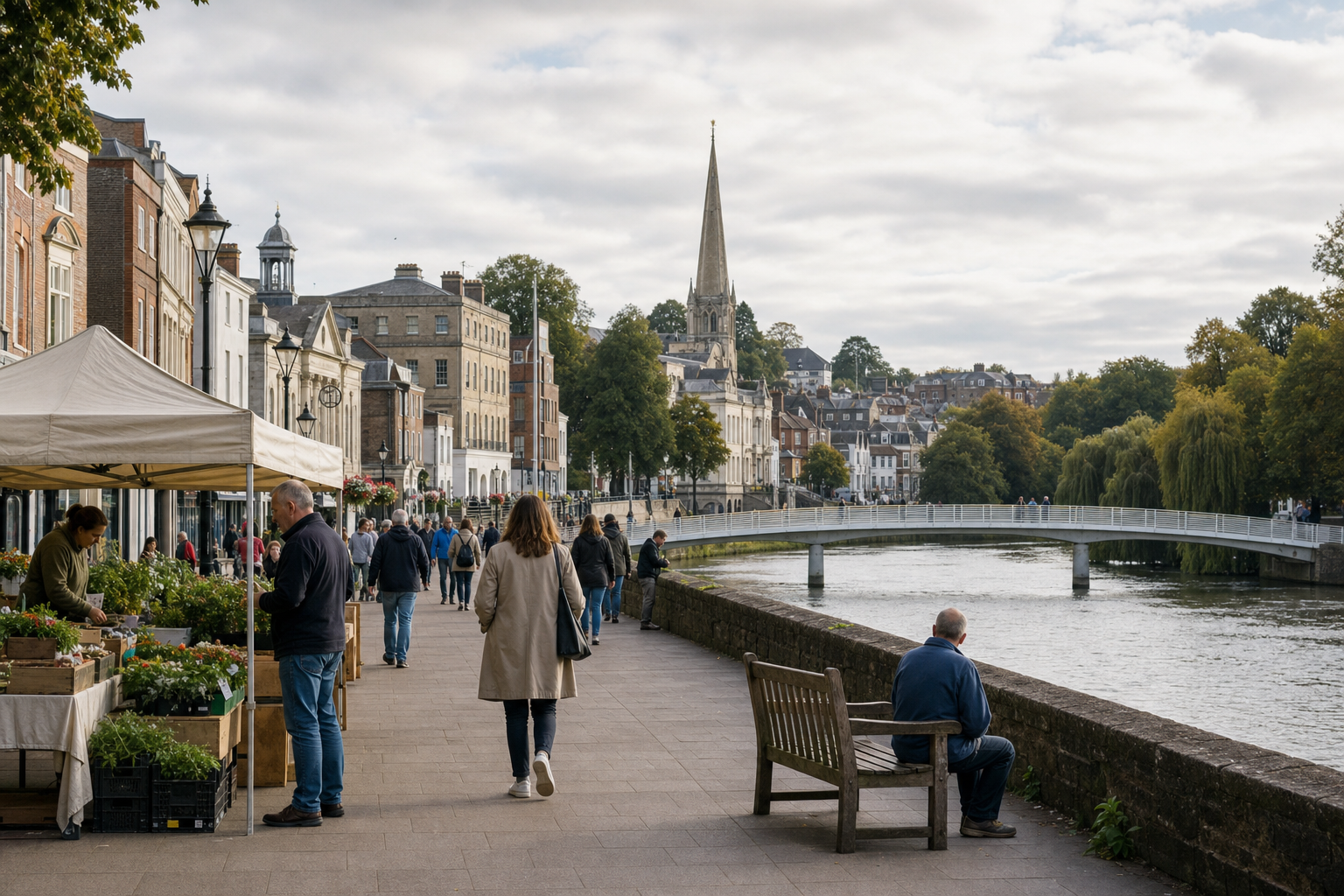 People strolling by riverside shops with a church spire and bridge in the background.