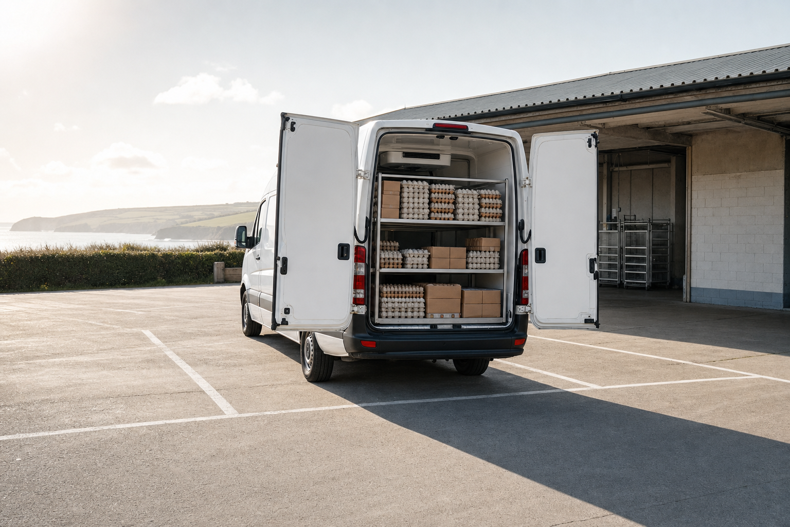 A white delivery van with open doors reveals shelves stocked with cartons of eggs and boxes in an outdoor parking area.