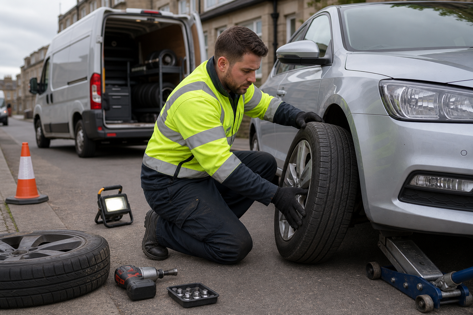 Mechanic in high-visibility jacket changes a car tyre on a city street.