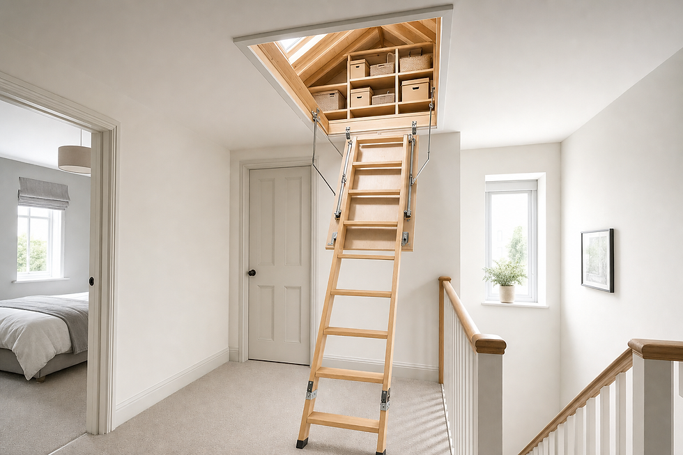 Attic access with a wooden ladder in a bright, carpeted hallway featuring a small potted plant on the windowsill.