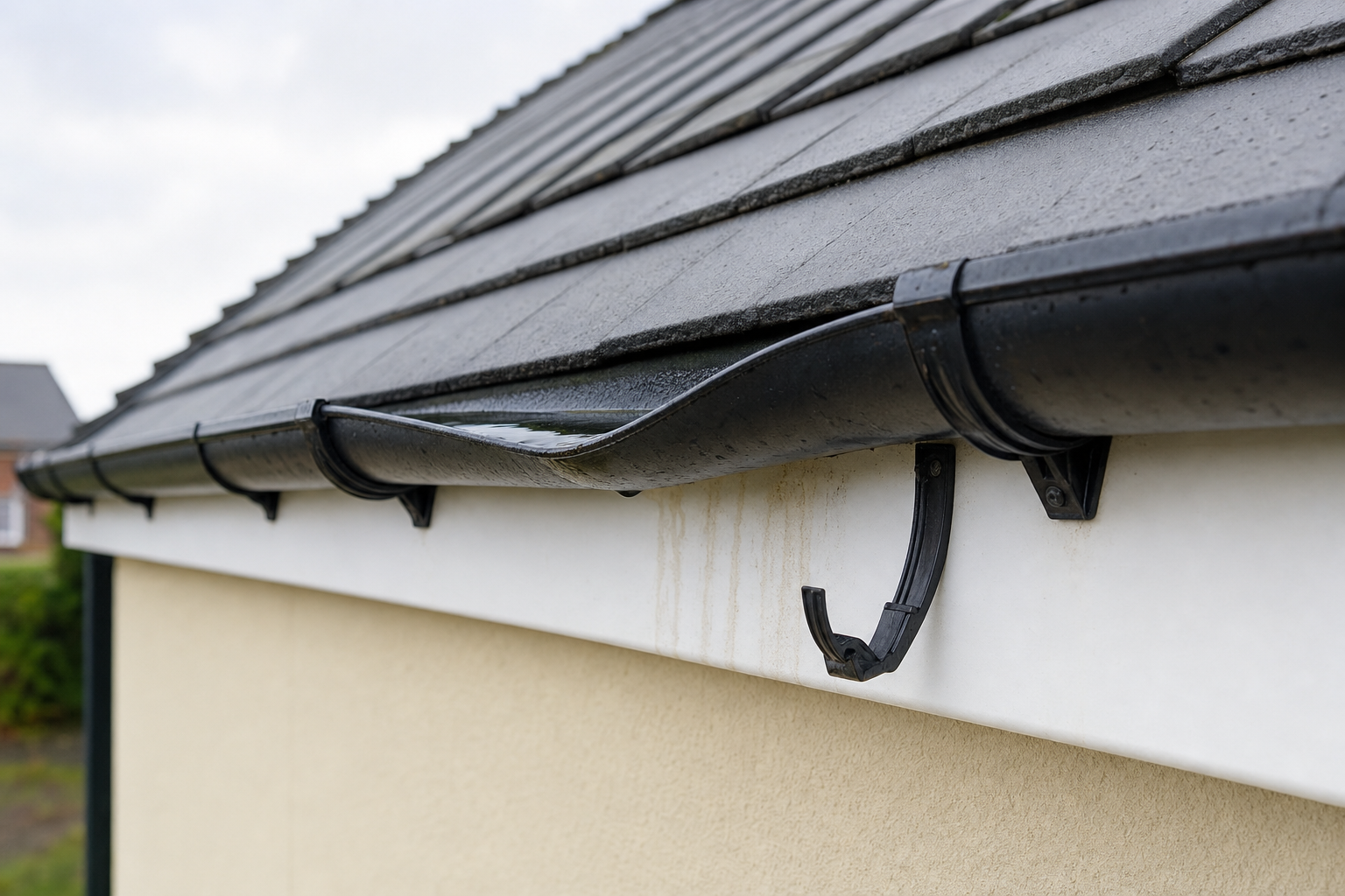 A distorted roof gutter with missing brackets is attached to a tiled house roof.
