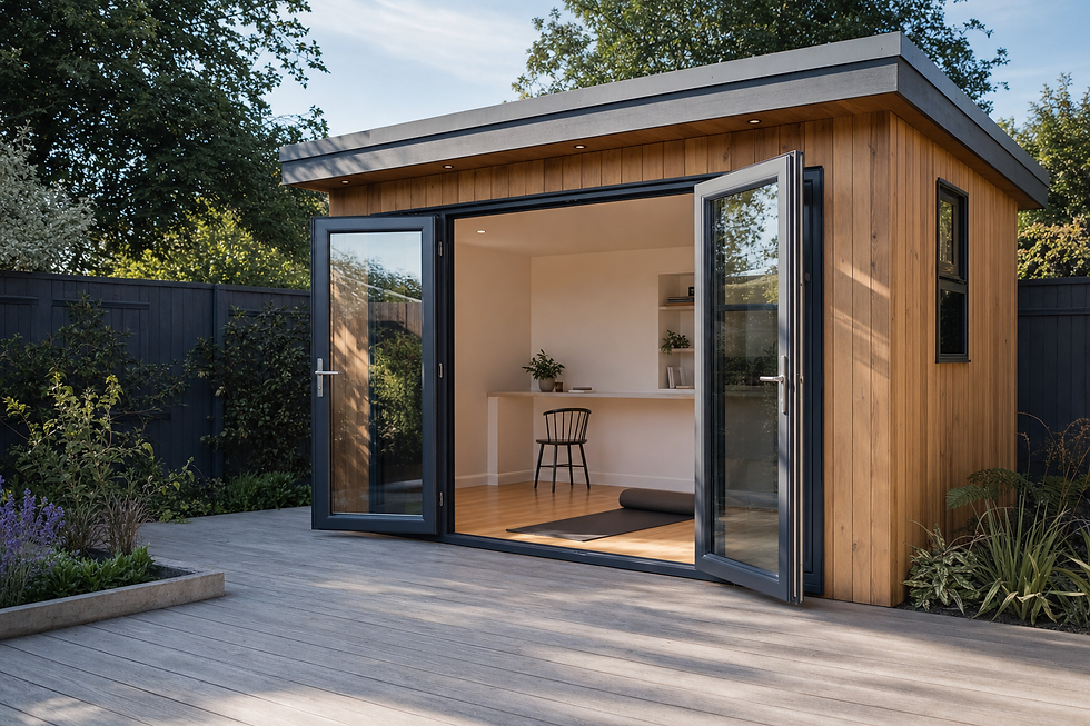 Garden studio with open double doors, revealing a minimalist interior with a chair, desk, and yoga mat.