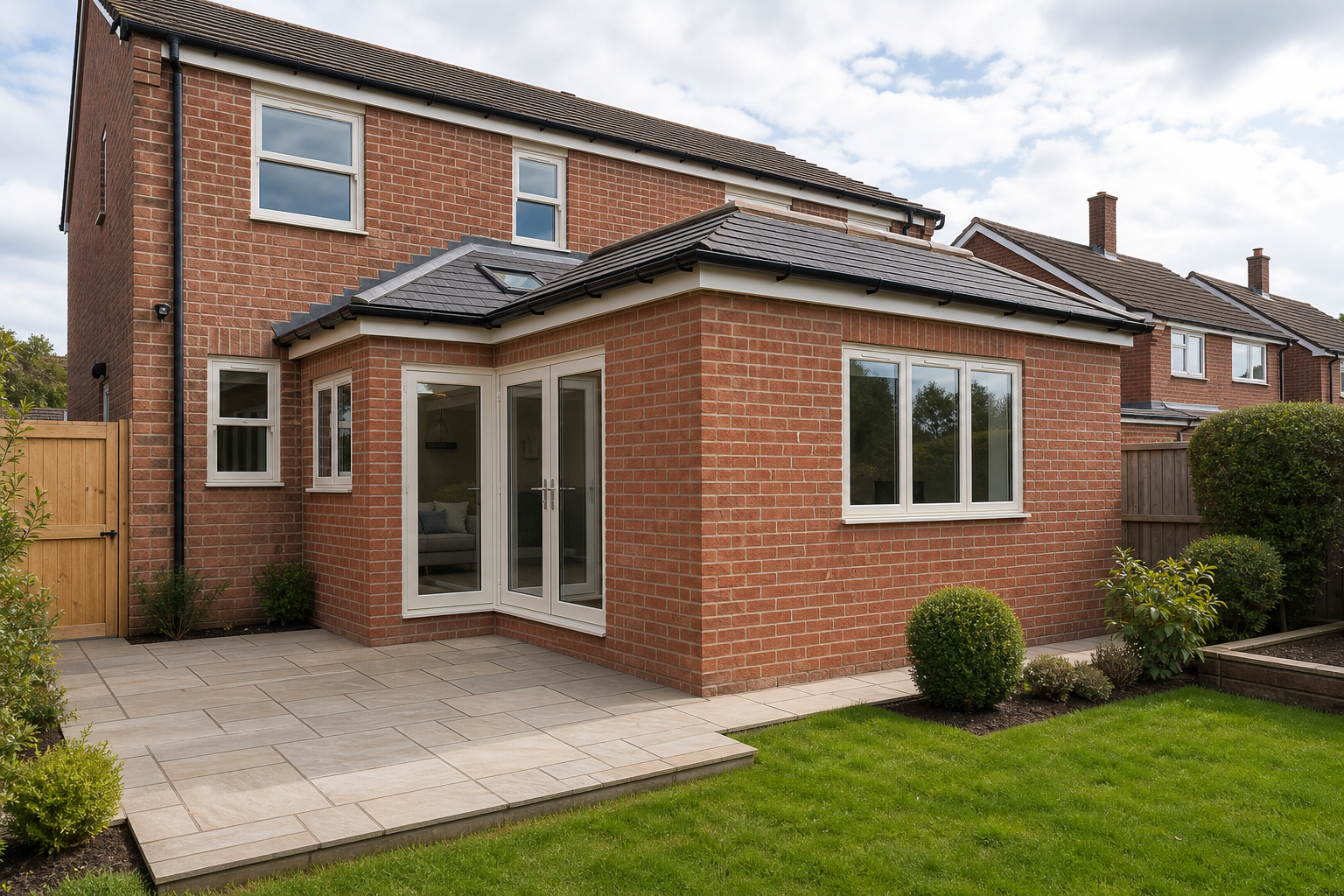 A red-brick house with a modern extension features a patio and well-kept garden under a partly cloudy sky.