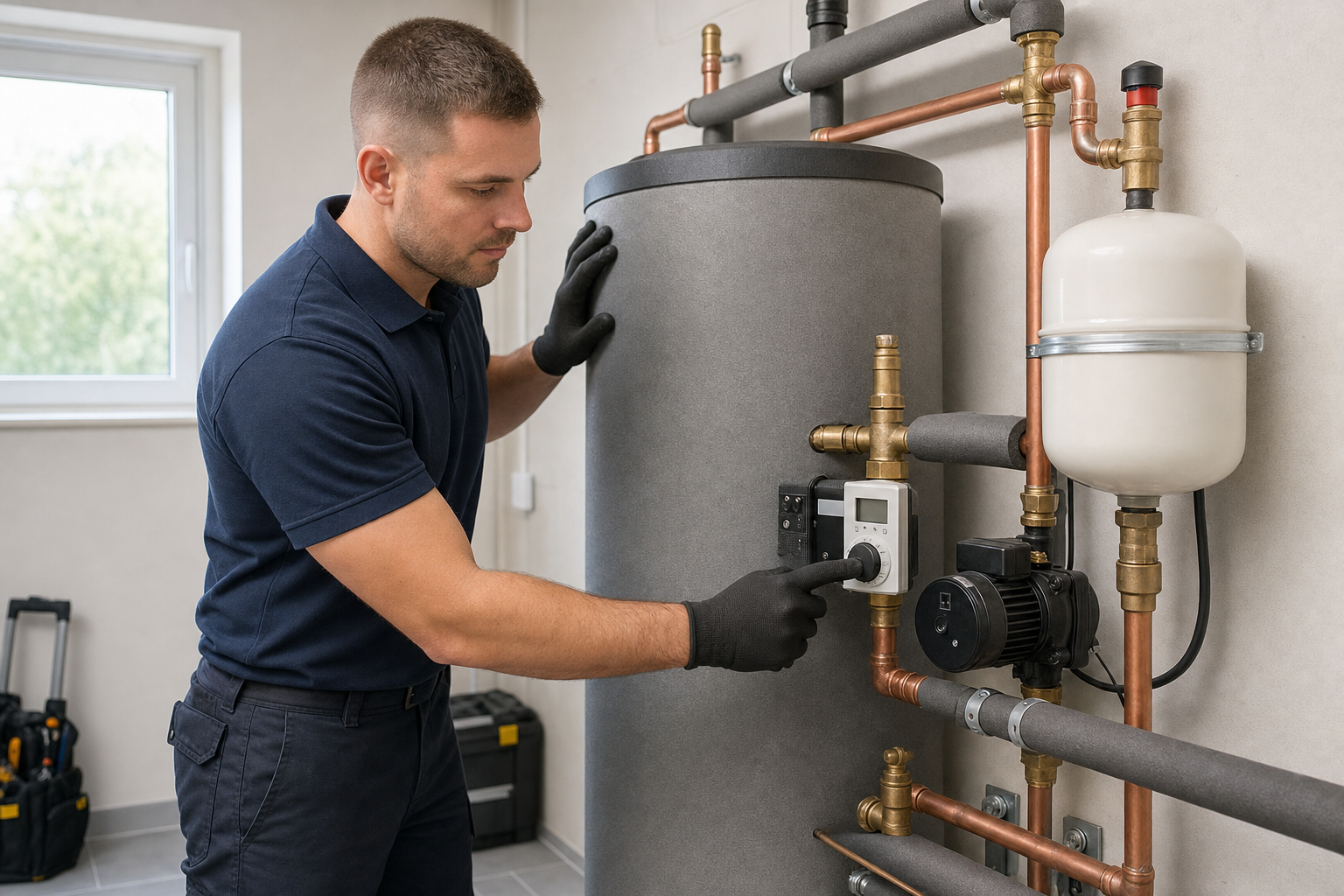 Engineer adjusting a control panel on a large water heater system in a utility room.