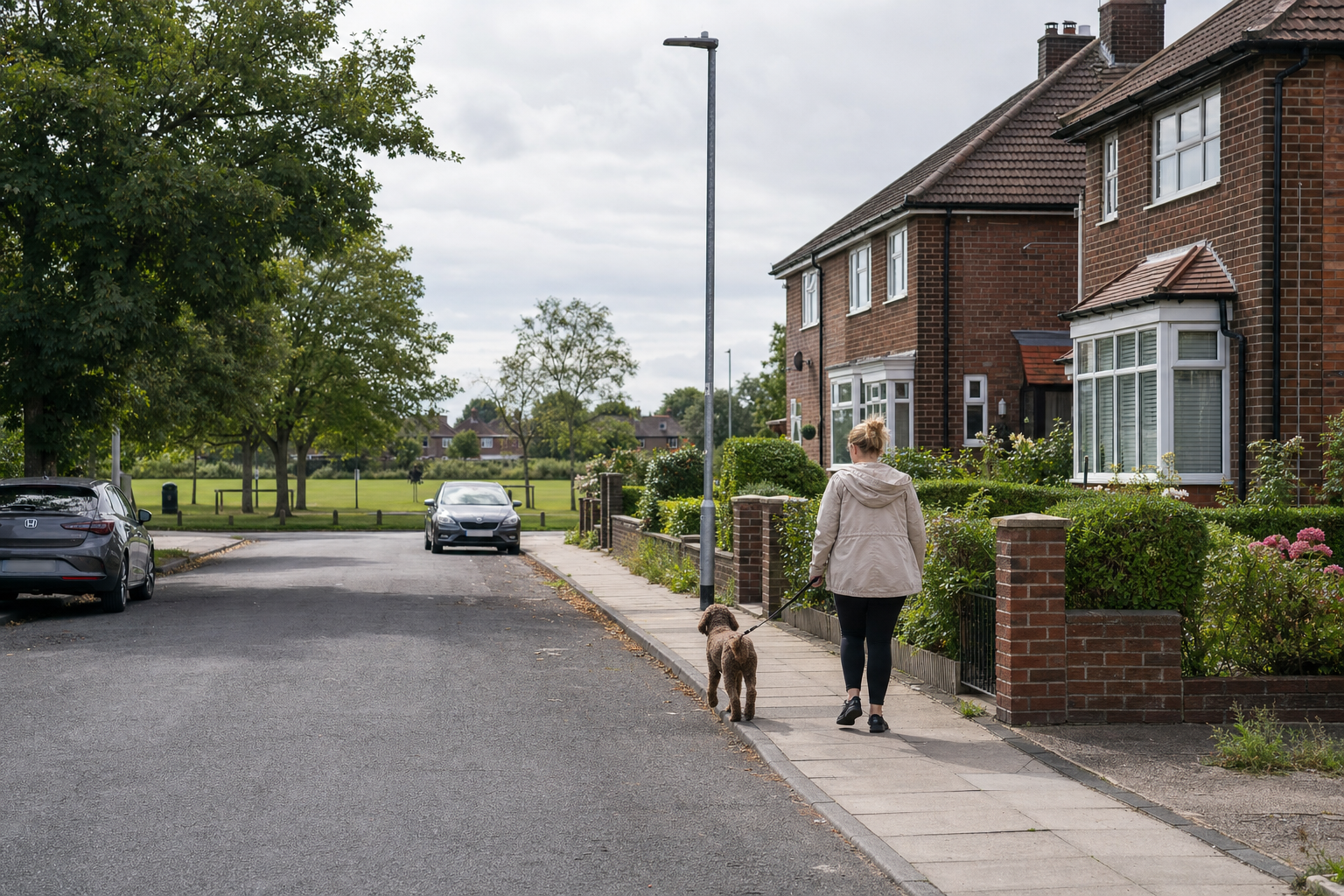 Person walking a dog on a suburban pavement next to brick houses under a cloudy sky.