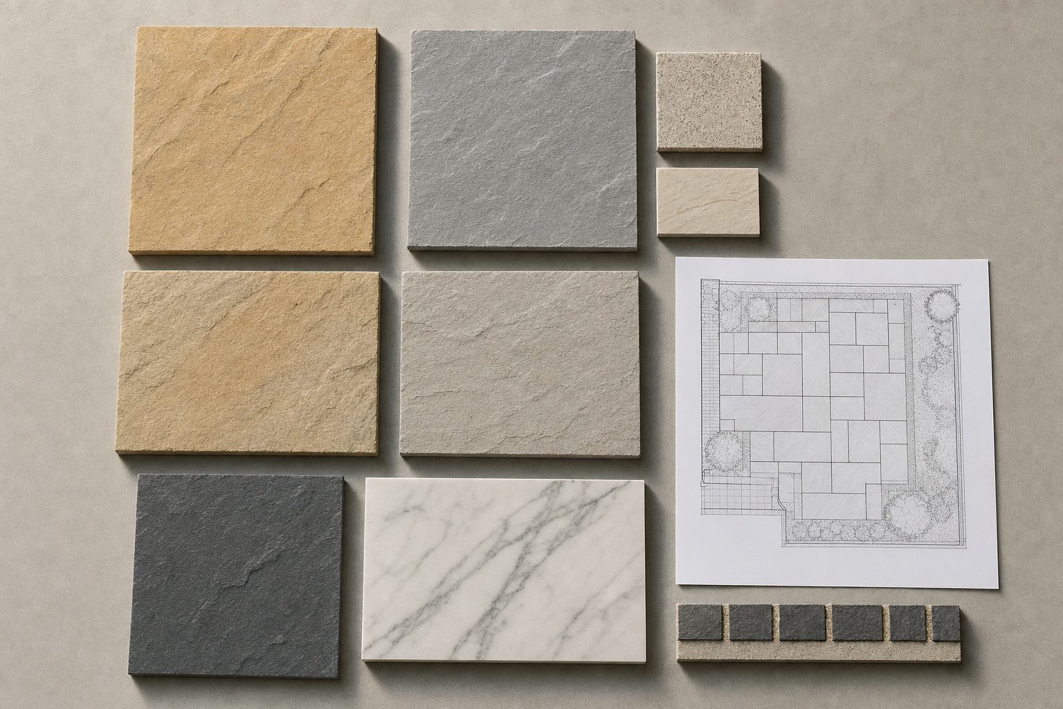 Various stone tiles arranged alongside an architectural plan on a grey surface.