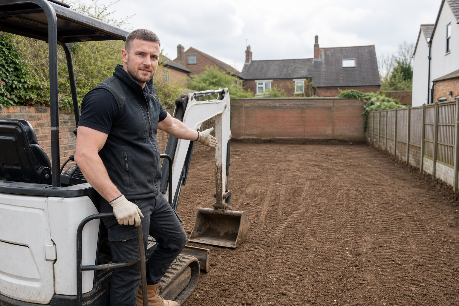 A man stands with a mini excavator pointing to a newly levelled garden area in a residential setting.