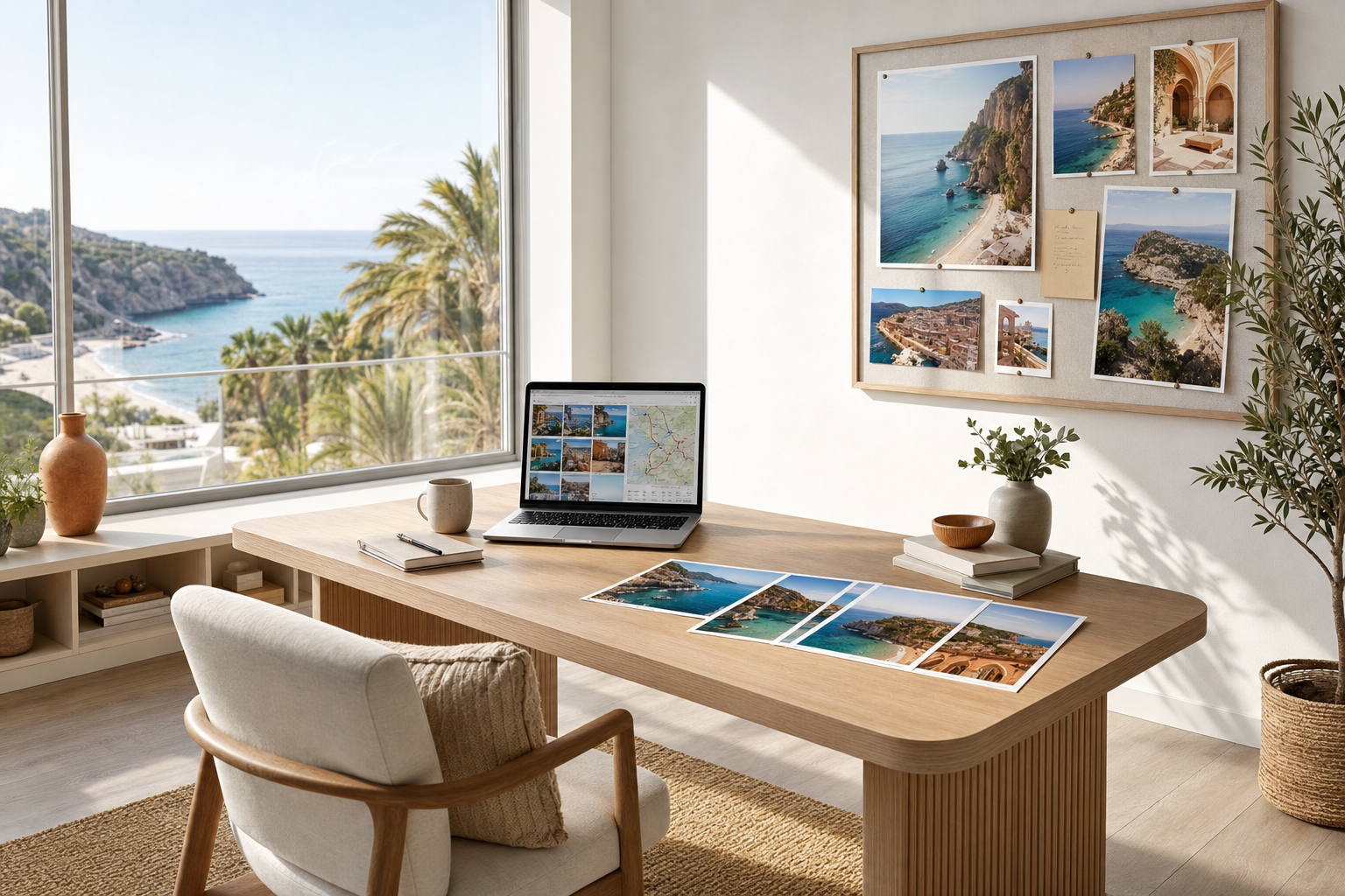 Modern home office with a coastal view, featuring a wooden desk, laptop, and travel photos on a pinboard.