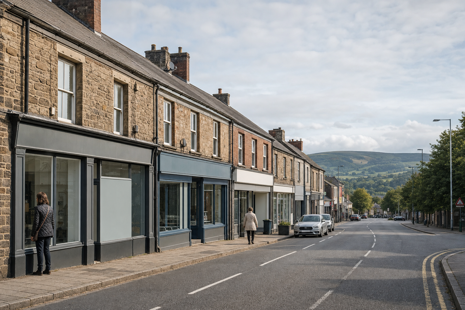 Quiet street in a quaint village with stone buildings and hills in the background, featuring people walking.