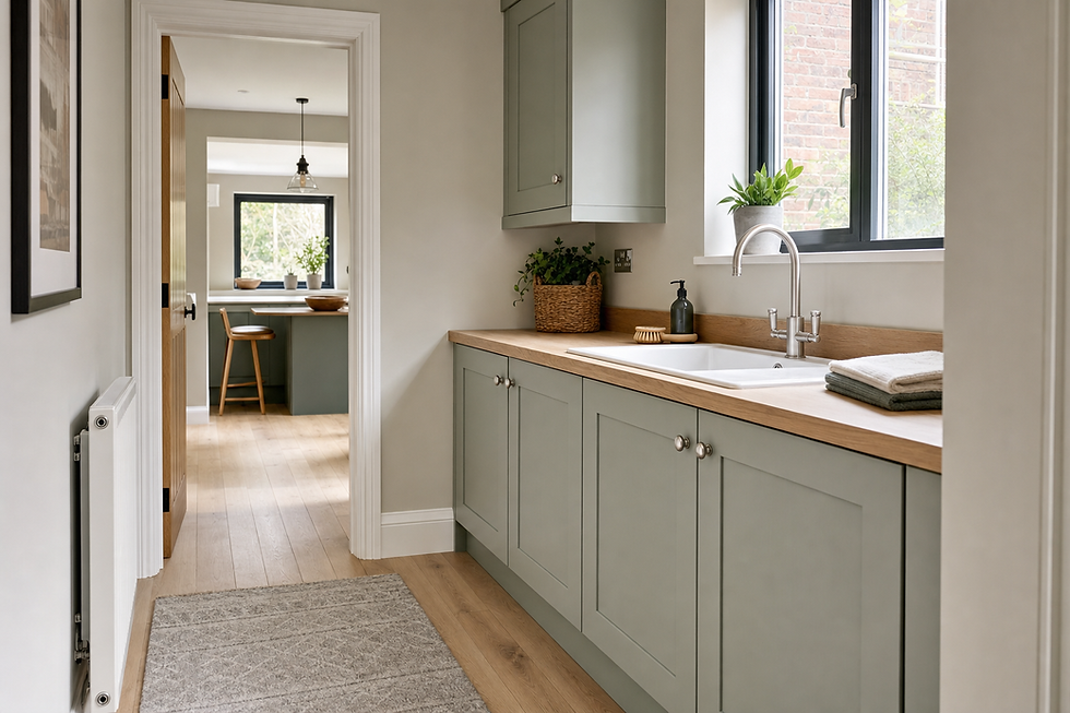 A modern kitchen with sage green cabinets, wooden countertops, and a view into a bright dining area with plants.