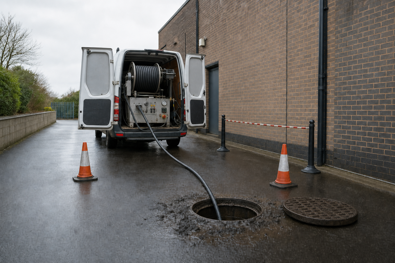 A maintenance van with equipment is set up for sewer work, with a hose running into an open manhole, surrounded by traffic cones.