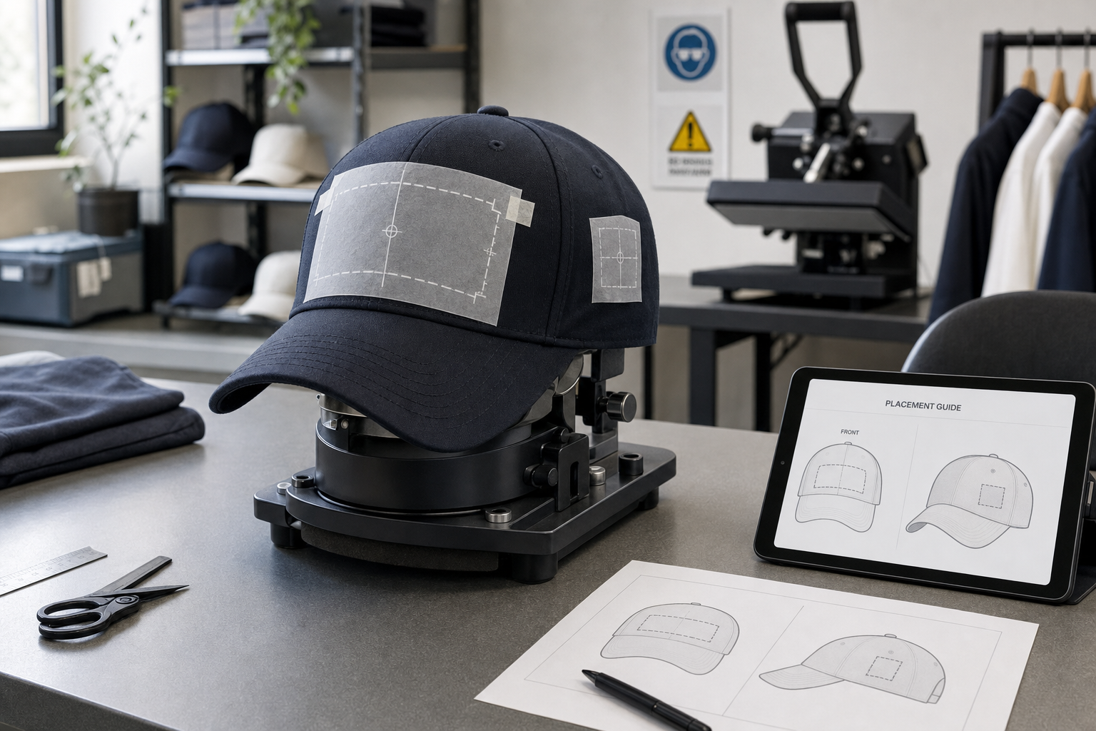 A dark blue cap with placement guides on a machine for custom printing, surrounded by design tools and a tablet displaying templates.