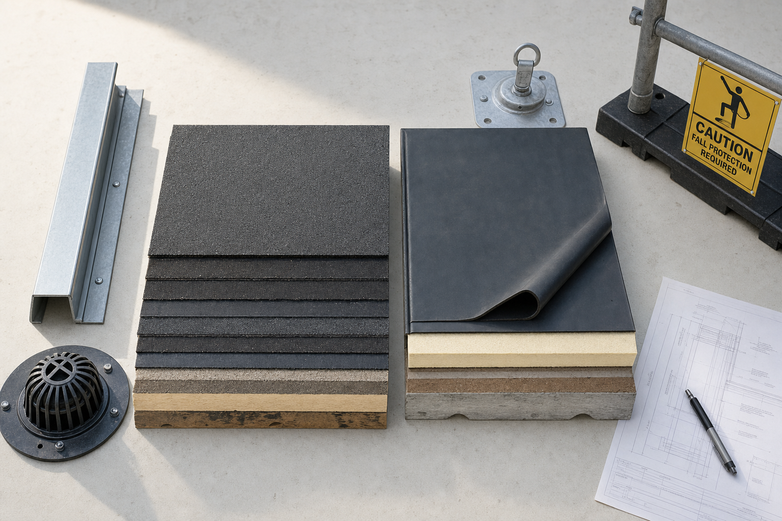 Roof construction materials and safety sign alongside architectural plans and pen on a flat surface.