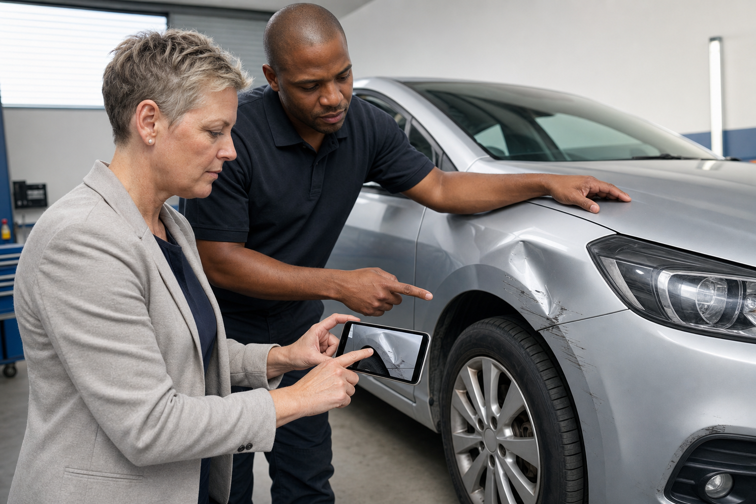Two people examine a car's damaged wheel arch, referencing a photo on a smartphone.
