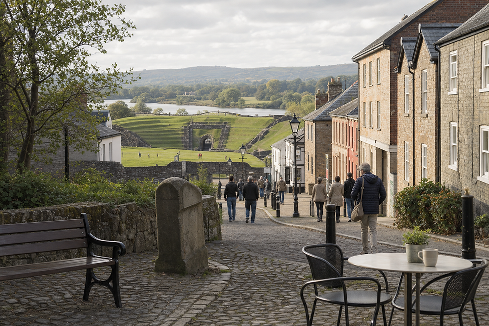 People walk down a cobblestone street lined with buildings and a view of green fields and a river in the distance.