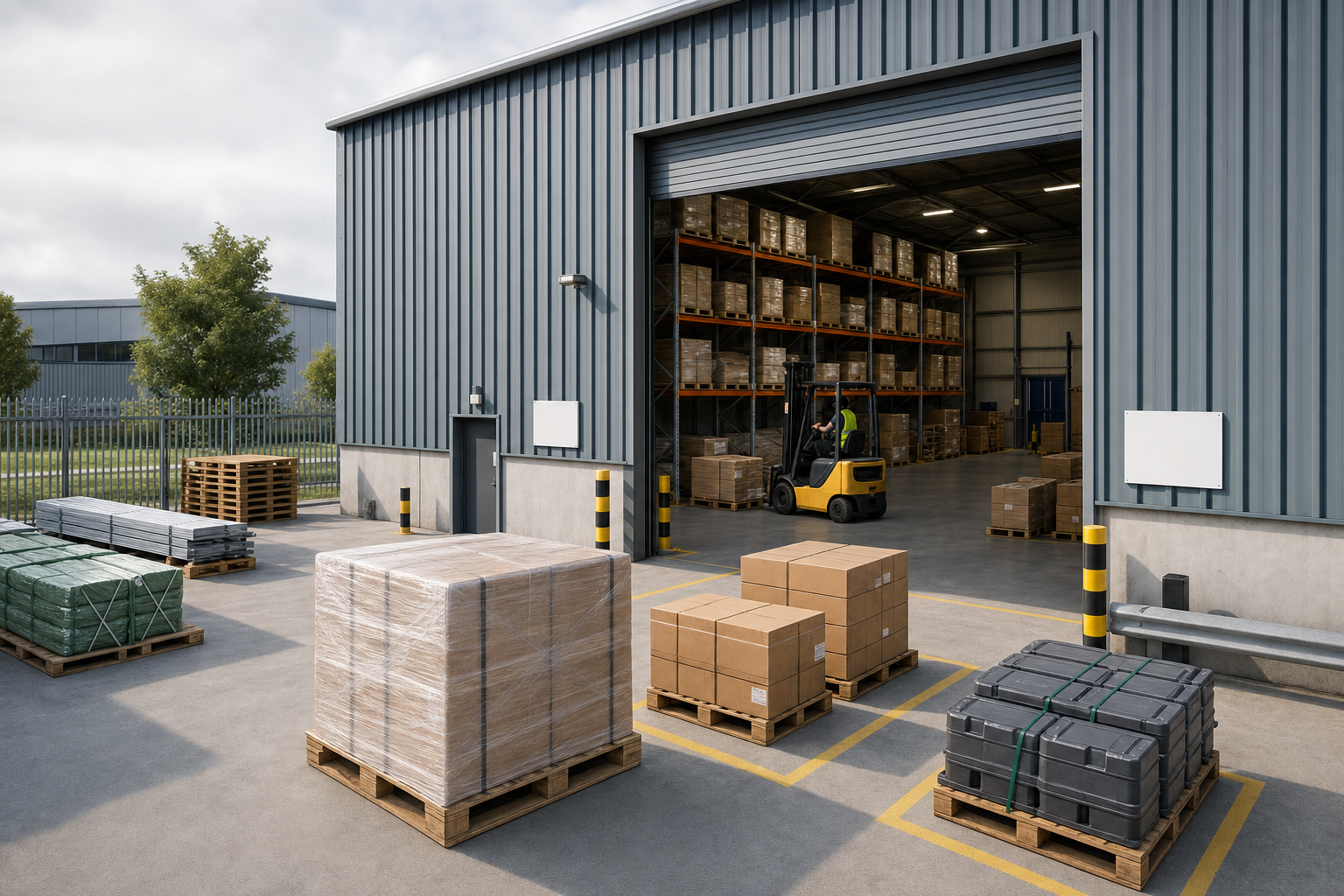 A forklift operator moves boxes inside a large industrial warehouse with stacked goods and pallets outside.