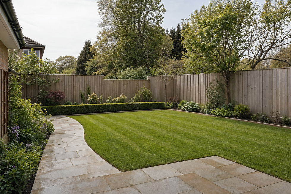 A neatly landscaped garden with a curved stone path, manicured lawn, and tall wooden fencing surrounding the area.