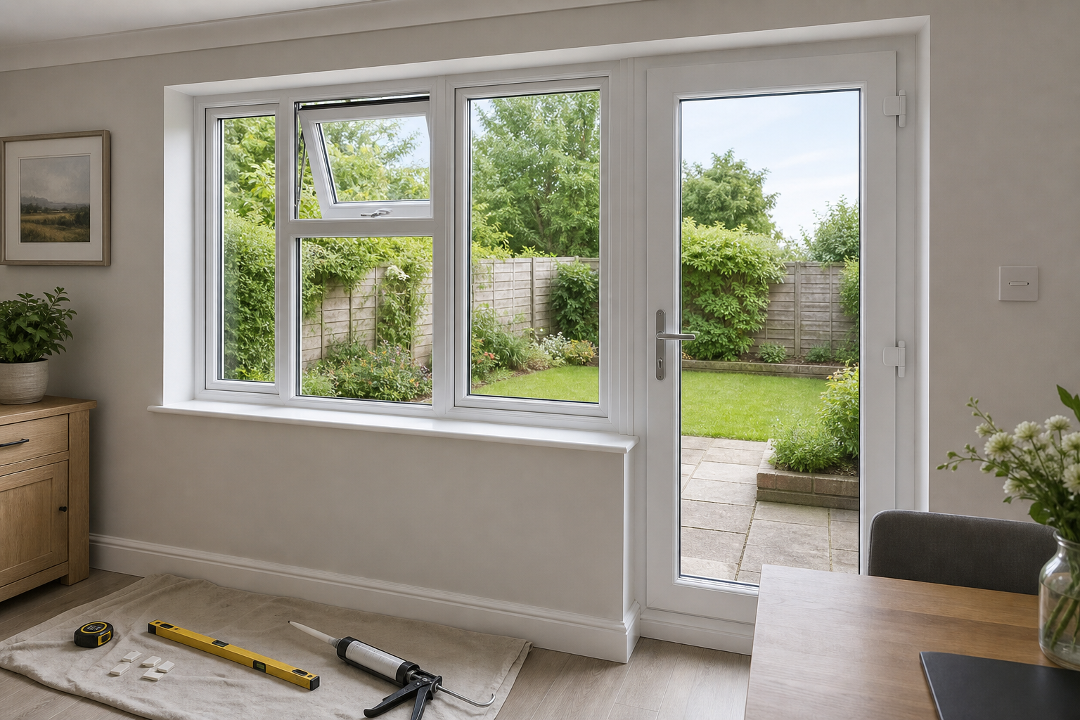 Bright room with tools on the floor, large windows, and a view of a lush garden patio.