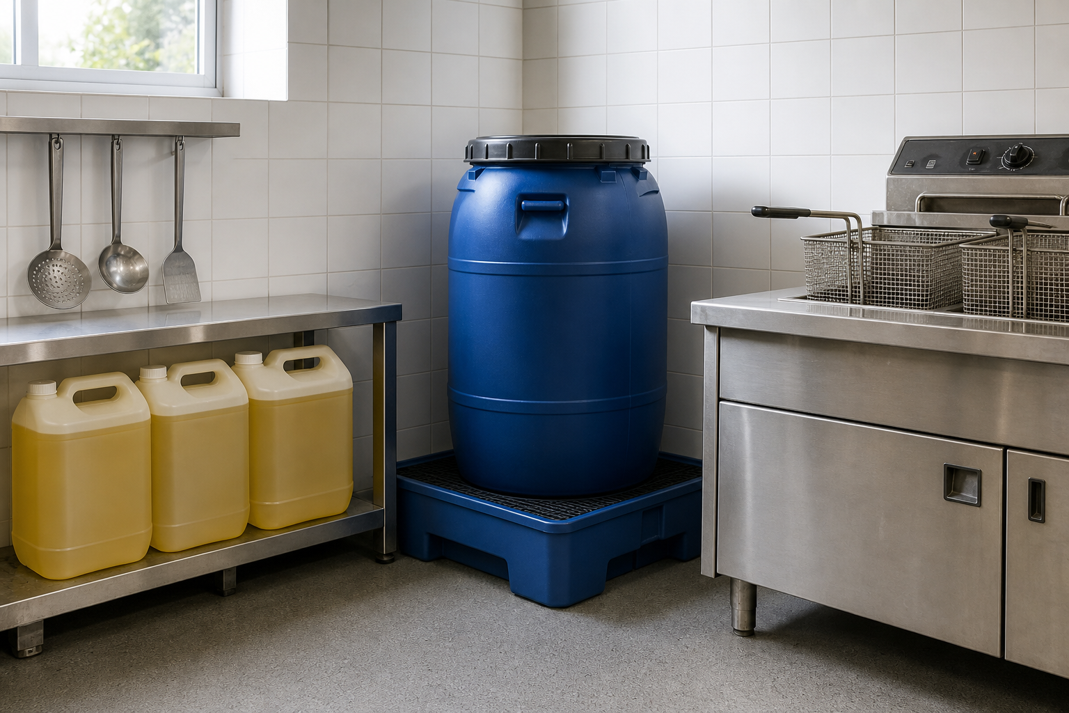 Commercial kitchen corner with a blue storage barrel, fryer, and yellow containers.
