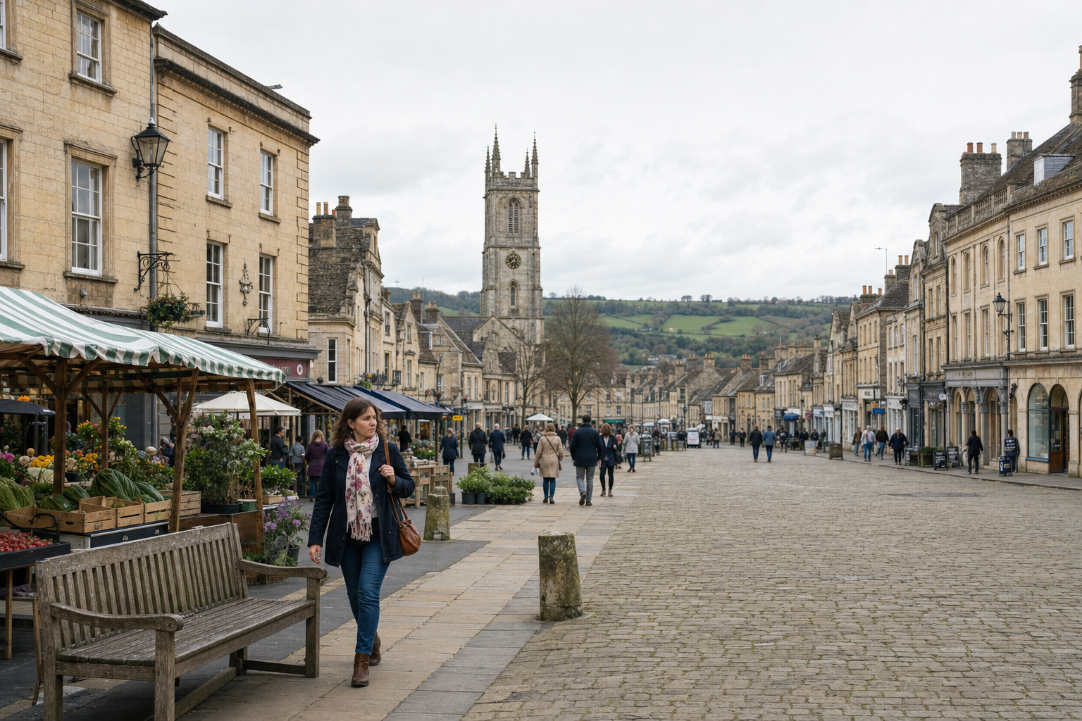 A woman walks past a market stall on a bustling stone-paved street with historic buildings and a church tower in the background.