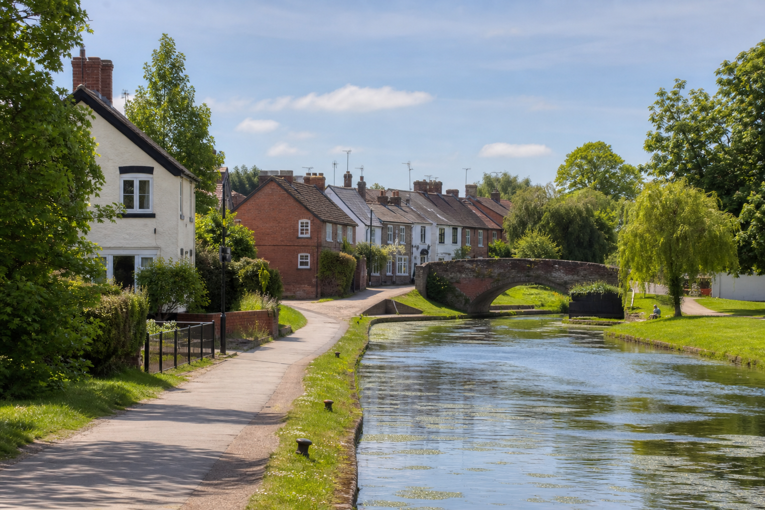 Charming canal-side houses with a small arched bridge and lush green trees under a clear blue sky.
