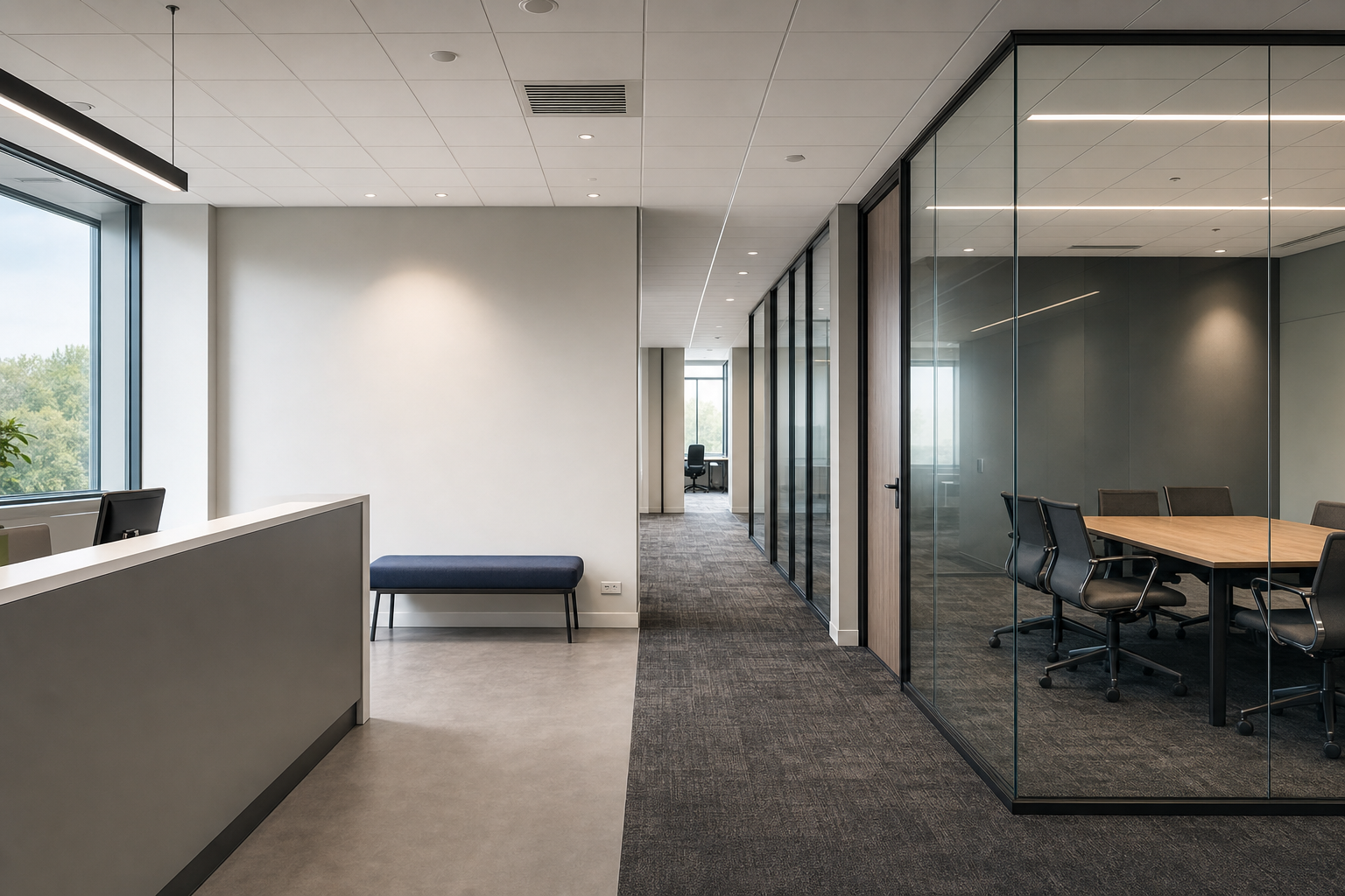 Modern office interior with glass meeting room, blue bench, and corridor leading to a distant desk by large windows.