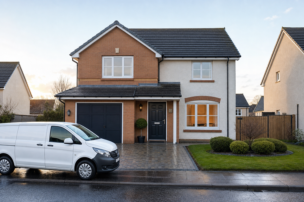 Modern two-storey house with a white van parked on the driveway at sunset.