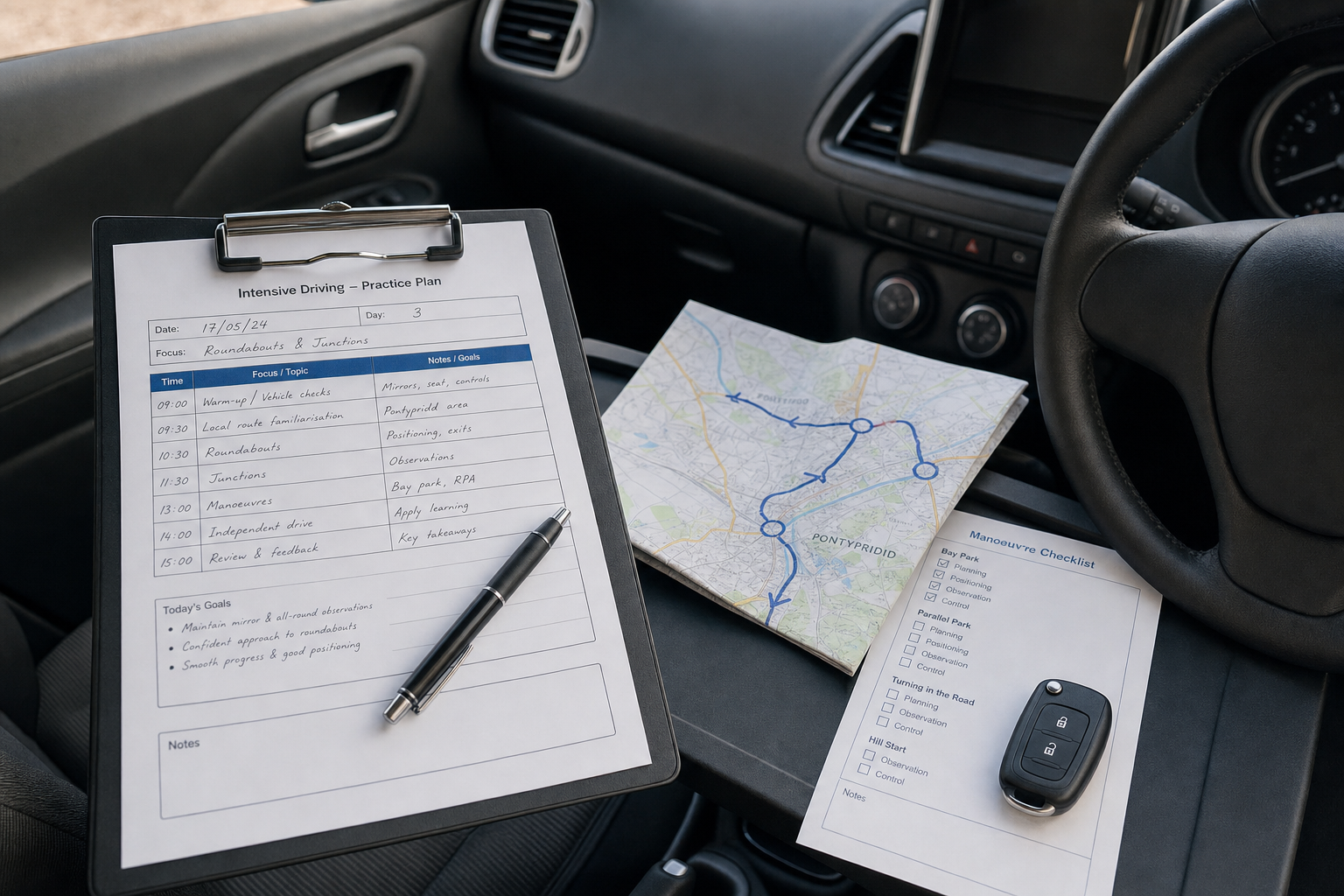 A driving practice plan, map, and car key placed on the console of a vehicle interior.