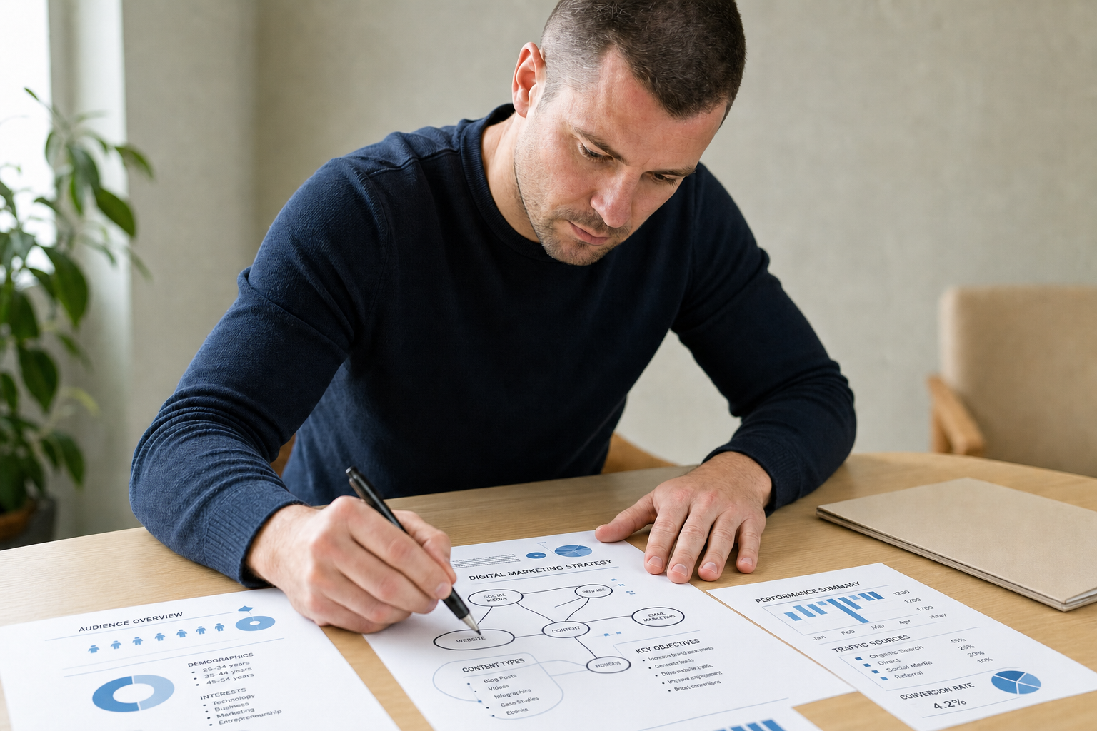 Man analysing digital marketing strategy charts at a desk.