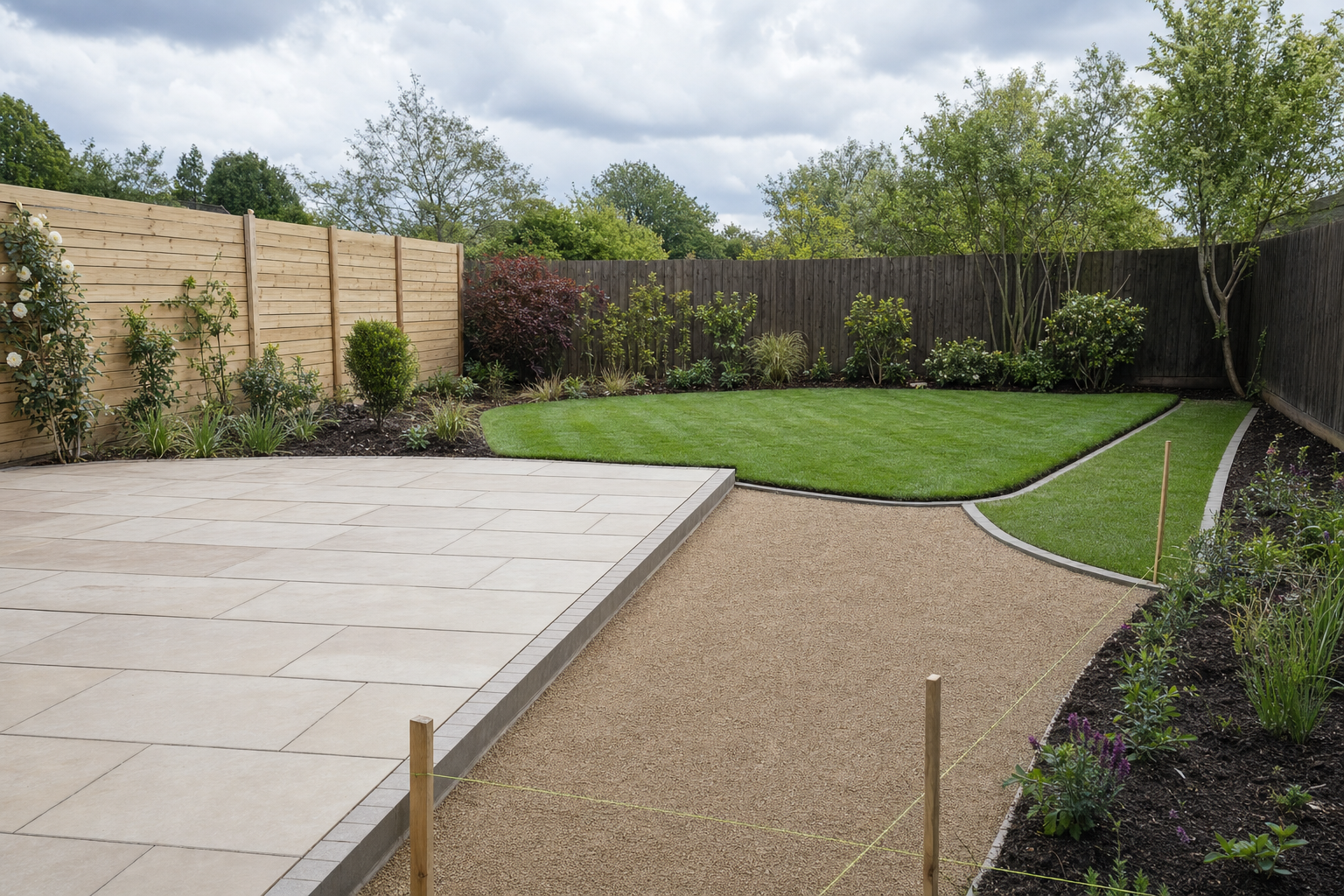 A neatly landscaped garden with a patio, path, grass, and bordered flower beds enclosed by wooden fencing.