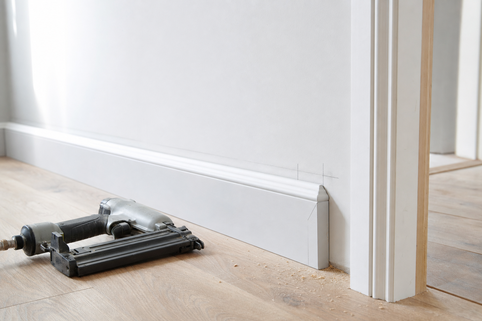 An air nail gun rests on a wooden floor near a newly installed white skirting board.