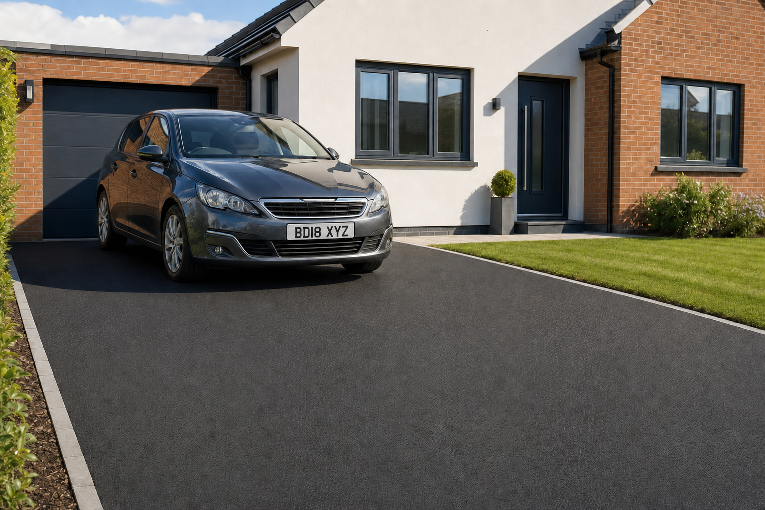 A grey car parked on the driveway of a modern brick and white house with a small garden.